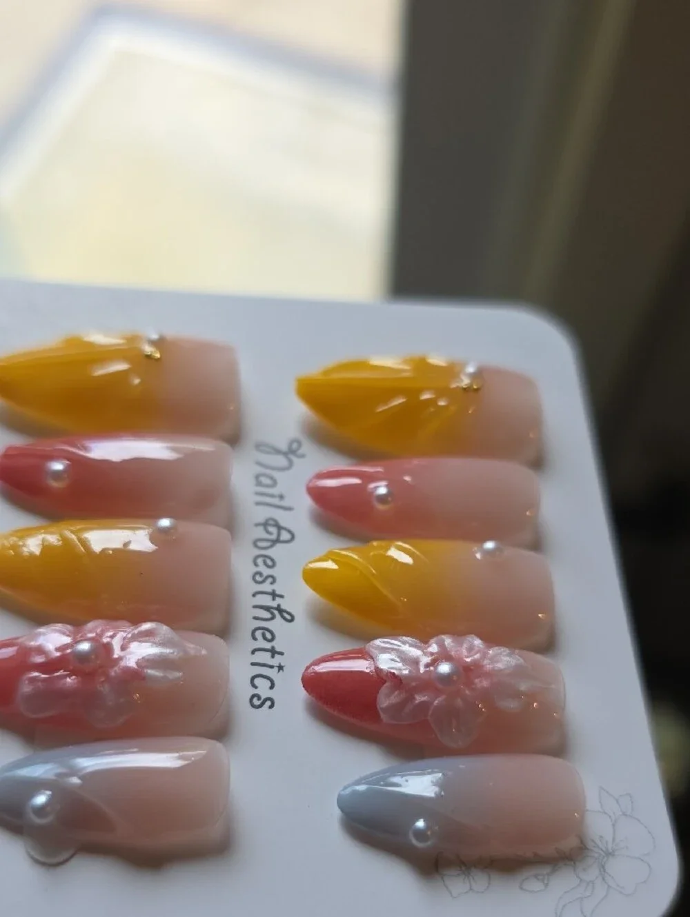 Yellow Pink Ombre Press-On Nail Set with 3D Floral Accents Size Large